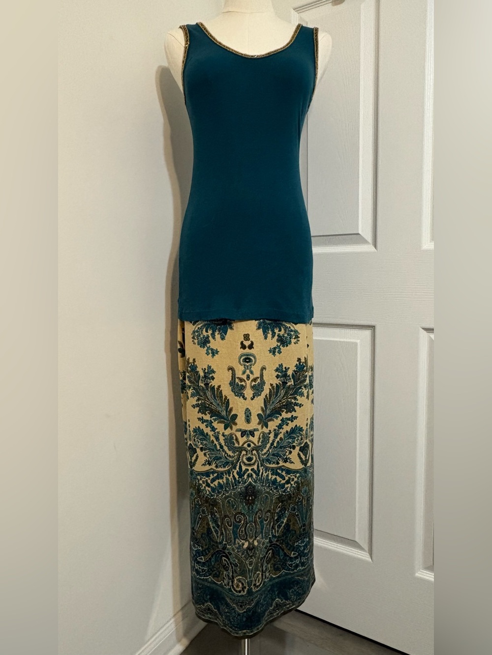 NORTON McNAUGHTON, Cream and Teal Printed Maxi Skirt paired with Ribbed Teal Tee